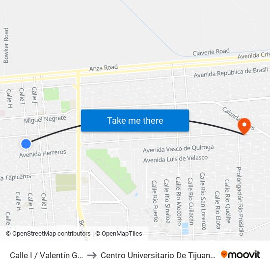 Calle I / Valentín Gómez Farías to Centro Universitario De Tijuana Campus Mexicali map