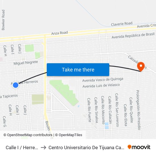 Calle I / Herreros Sur to Centro Universitario De Tijuana Campus Mexicali map