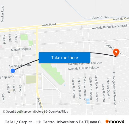 Calle I / Carpinteros Sur to Centro Universitario De Tijuana Campus Mexicali map