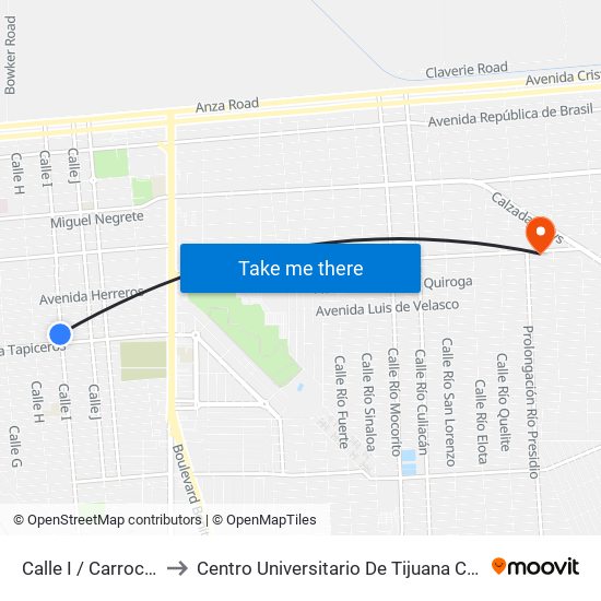 Calle I / Carroceros Sur to Centro Universitario De Tijuana Campus Mexicali map