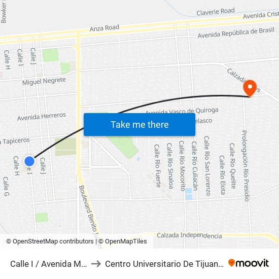 Calle I / Avenida Madereros Sur to Centro Universitario De Tijuana Campus Mexicali map