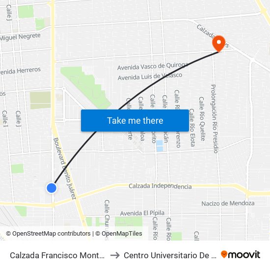Calzada Francisco Montejano / Antonio Villanueva to Centro Universitario De Tijuana Campus Mexicali map
