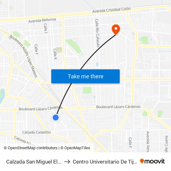 Calzada San Miguel El Grande / Valladolid to Centro Universitario De Tijuana Campus Mexicali map