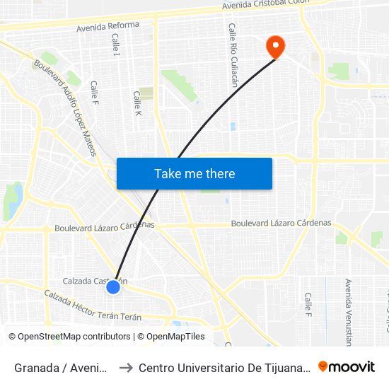 Granada / Avenida Córdoba to Centro Universitario De Tijuana Campus Mexicali map