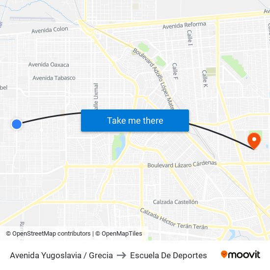 Avenida Yugoslavia / Grecia to Escuela De Deportes map