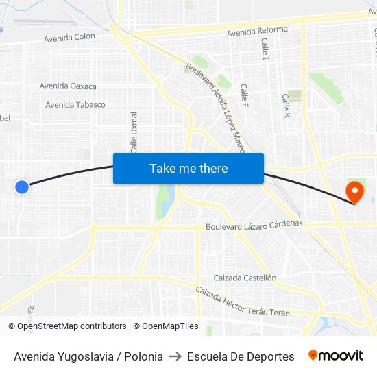 Avenida Yugoslavia / Polonia to Escuela De Deportes map