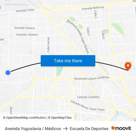 Avenida Yugoslavia / Médicos to Escuela De Deportes map