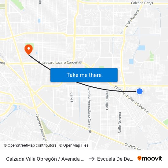 Calzada Villa Obregón / Avenida Río Gambia to Escuela De Deportes map