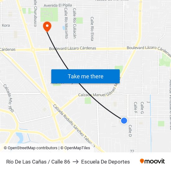 Río De Las Cañas / Calle 86 to Escuela De Deportes map