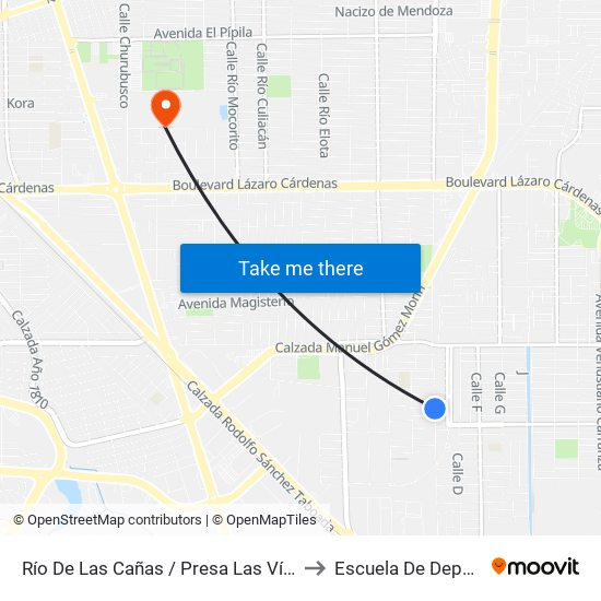 Río De Las Cañas / Presa Las Vírgenes to Escuela De Deportes map