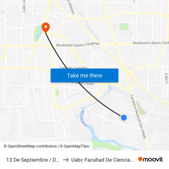 13 De Septiembre / De Las Toronjas to Uabc Facultad De Ciencias Administrativas map