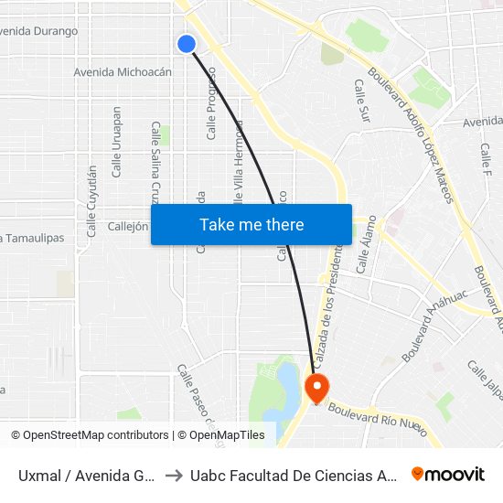 Uxmal / Avenida Guanajuato to Uabc Facultad De Ciencias Administrativas map