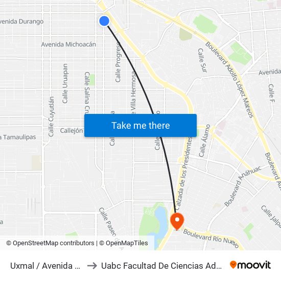 Uxmal / Avenida Durango to Uabc Facultad De Ciencias Administrativas map