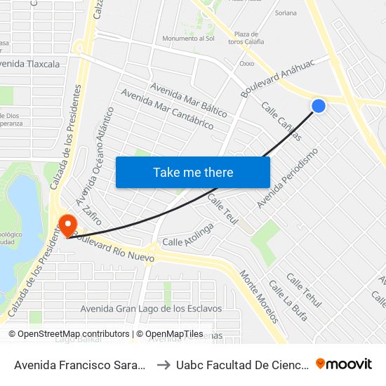 Avenida Francisco Sarabia / Apóstol Central to Uabc Facultad De Ciencias Administrativas map