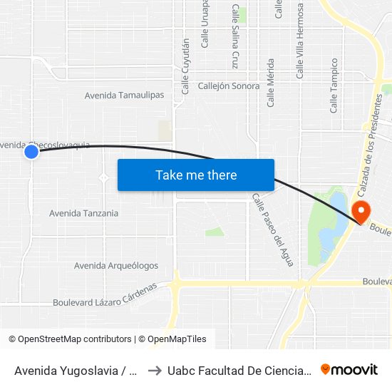 Avenida Yugoslavia / Avenida España to Uabc Facultad De Ciencias Administrativas map