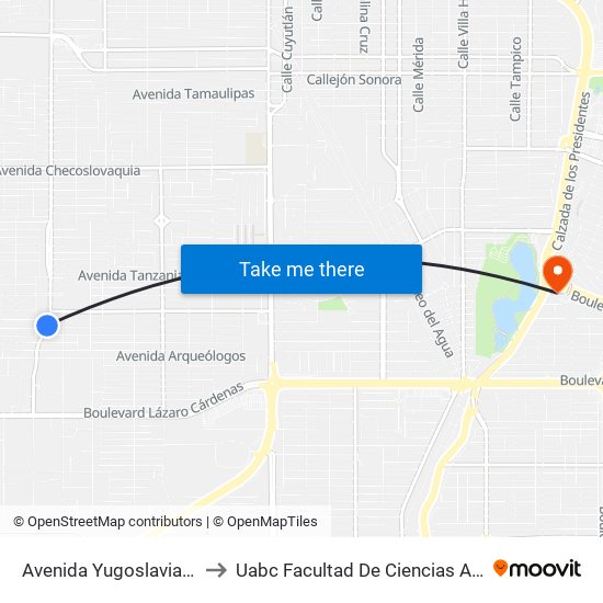 Avenida Yugoslavia / Médicos to Uabc Facultad De Ciencias Administrativas map