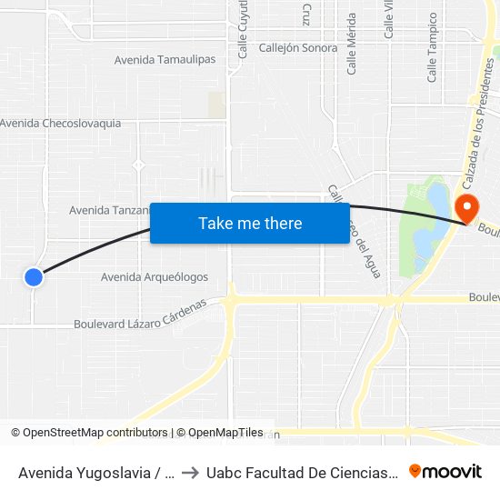 Avenida Yugoslavia / Arqueólogos to Uabc Facultad De Ciencias Administrativas map