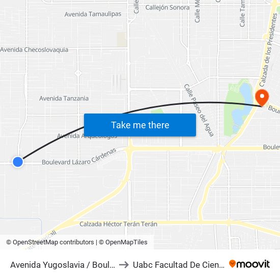 Avenida Yugoslavia / Boulevard Lázaro Cárdenas to Uabc Facultad De Ciencias Administrativas map