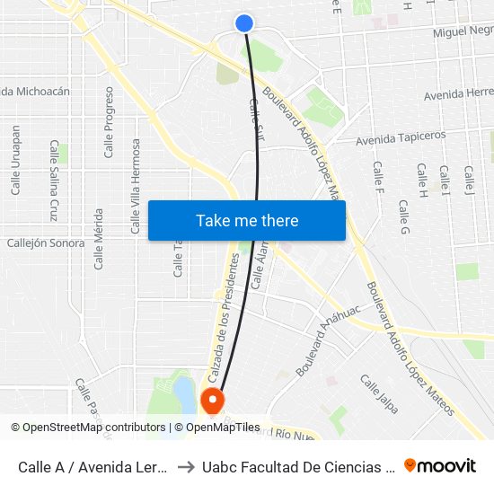 Calle A / Avenida Lerdo De Tejada to Uabc Facultad De Ciencias Administrativas map