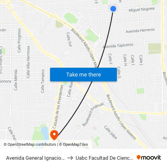 Avenida General Ignacio Zaragoza / Calle G to Uabc Facultad De Ciencias Administrativas map