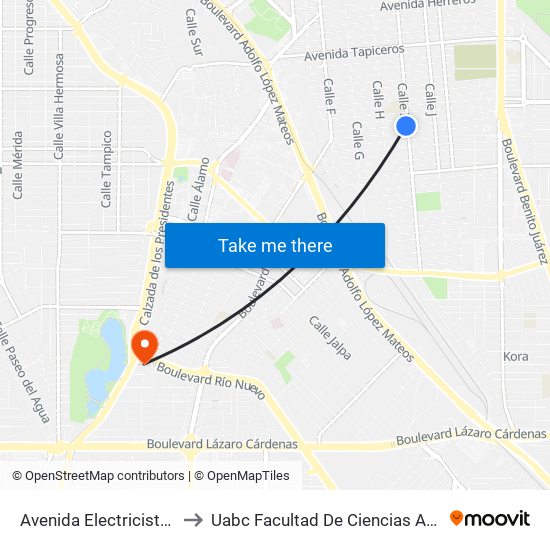 Avenida Electricistas / Calle I to Uabc Facultad De Ciencias Administrativas map