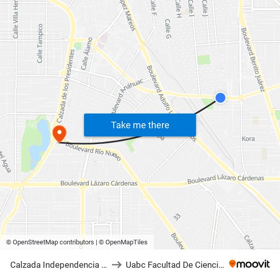 Calzada Independencia / Naripeo Cardone to Uabc Facultad De Ciencias Administrativas map