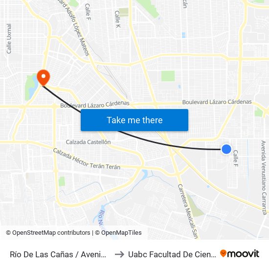 Río De Las Cañas / Avenida Presa Miguel Hidalgo to Uabc Facultad De Ciencias Administrativas map
