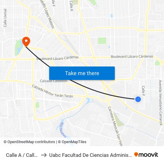 Calle A / Calle 78 to Uabc Facultad De Ciencias Administrativas map