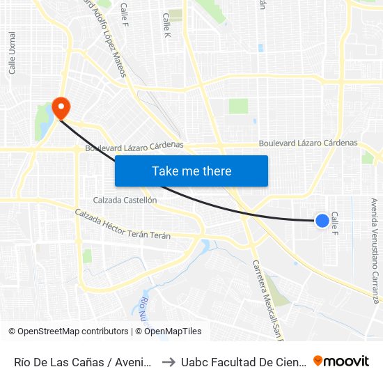 Río De Las Cañas / Avenida San Pedro Mezquital to Uabc Facultad De Ciencias Administrativas map