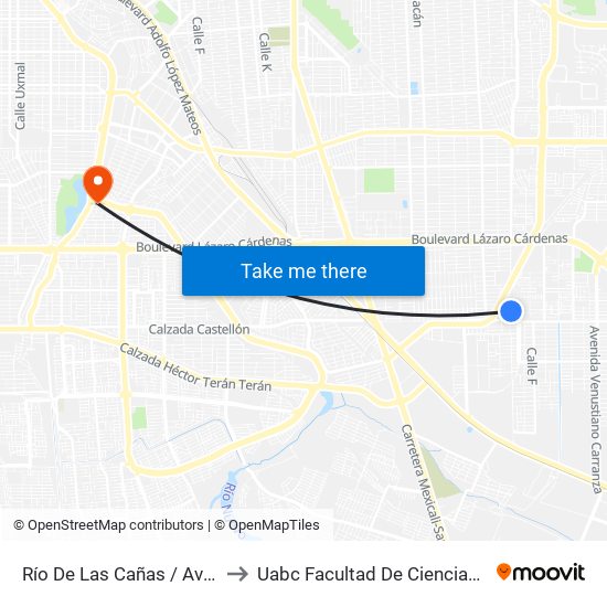 Río De Las Cañas / Avenida Del Ejido to Uabc Facultad De Ciencias Administrativas map