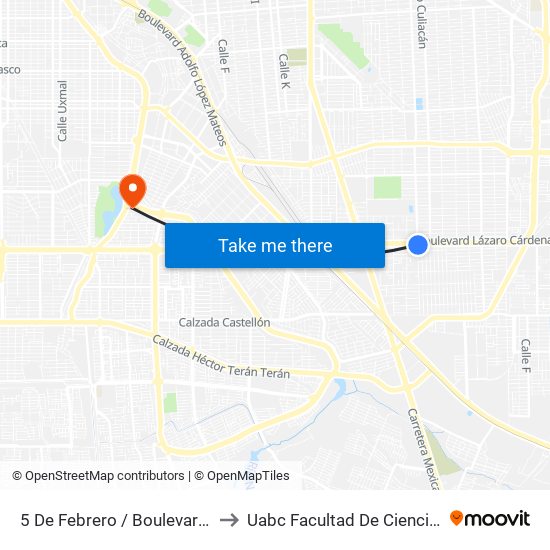 5 De Febrero / Boulevard Lázaro Cárdenas to Uabc Facultad De Ciencias Administrativas map