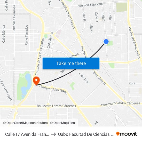 Calle I / Avenida Francisco Mujica to Uabc Facultad De Ciencias Administrativas map