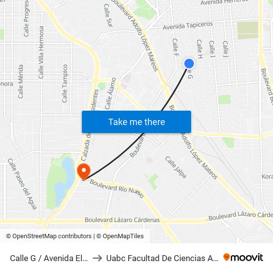 Calle G / Avenida Electricistas to Uabc Facultad De Ciencias Administrativas map