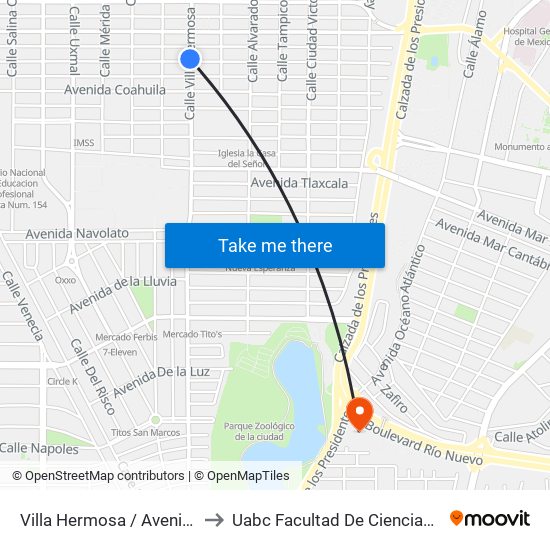 Villa Hermosa / Avenida Tamaulipas to Uabc Facultad De Ciencias Administrativas map