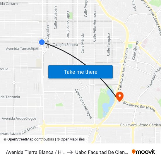 Avenida Tierra Blanca / Heróico Colegio Militar to Uabc Facultad De Ciencias Administrativas map