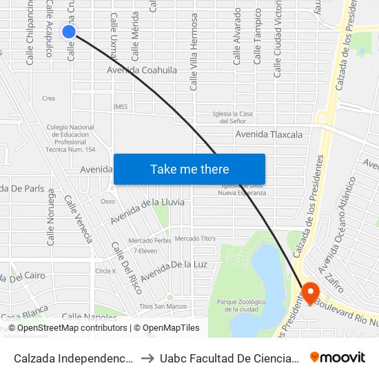 Calzada Independencia / Santa Cruz to Uabc Facultad De Ciencias Administrativas map