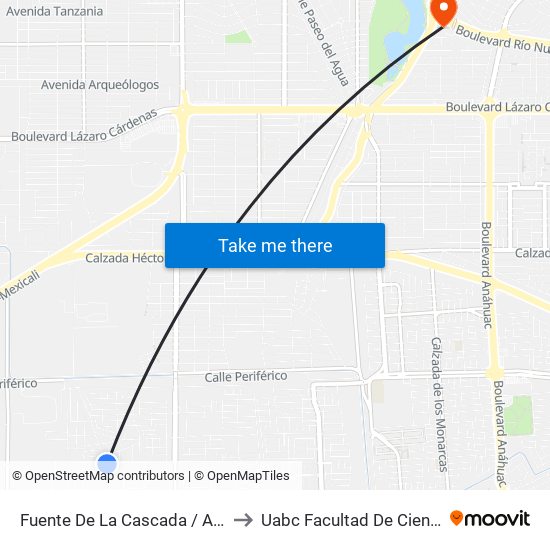 Fuente De La Cascada / Avenida Fuente De Diana to Uabc Facultad De Ciencias Administrativas map