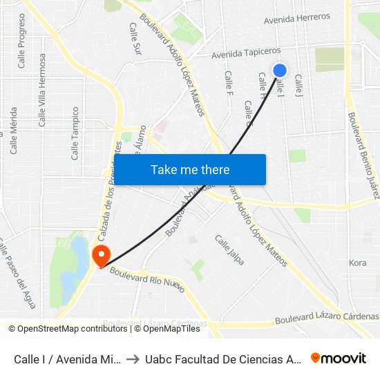 Calle I / Avenida Mineros Sur to Uabc Facultad De Ciencias Administrativas map