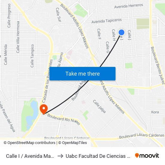 Calle I / Avenida Madereros Sur to Uabc Facultad De Ciencias Administrativas map