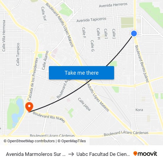 Avenida Marmoleros Sur / Calzada Justo Sierra to Uabc Facultad De Ciencias Administrativas map