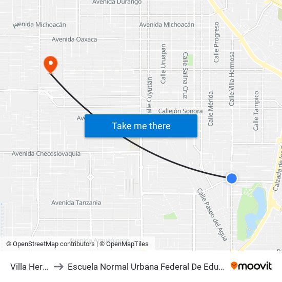 Villa Hermosa / Tecomán to Escuela Normal Urbana Federal De Educacion Preescolar Estefania Casta�Eda Y Nu�Ez De Caceres map