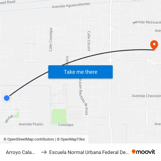 Arroyo Calamajue / Avenida El Portezuelo to Escuela Normal Urbana Federal De Educacion Preescolar Estefania Casta�Eda Y Nu�Ez De Caceres map