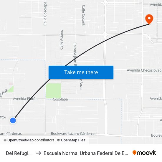 Del Refugio / Avenida San Pedro to Escuela Normal Urbana Federal De Educacion Preescolar Estefania Casta�Eda Y Nu�Ez De Caceres map