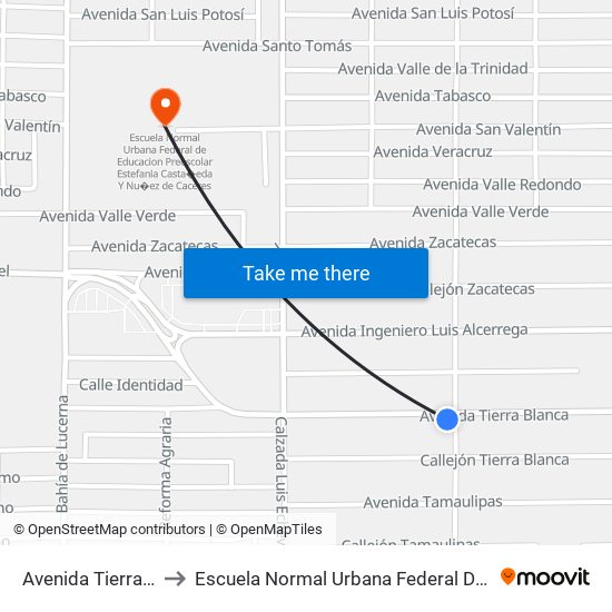 Avenida Tierra Blanca / Bahía De Los Ángeles to Escuela Normal Urbana Federal De Educacion Preescolar Estefania Casta�Eda Y Nu�Ez De Caceres map