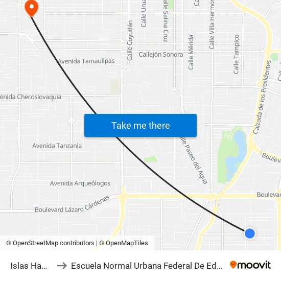 Islas Hawaii / Islas Canarias to Escuela Normal Urbana Federal De Educacion Preescolar Estefania Casta�Eda Y Nu�Ez De Caceres map