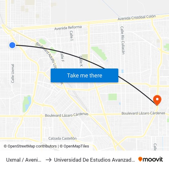 Uxmal / Avenida Jalisco to Universidad De Estudios Avanzados Campus Oriente map