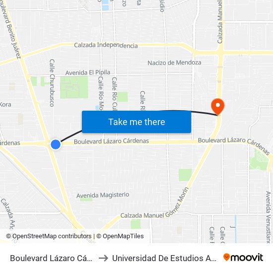 Boulevard Lázaro Cárdenas / Churubusco to Universidad De Estudios Avanzados Campus Oriente map