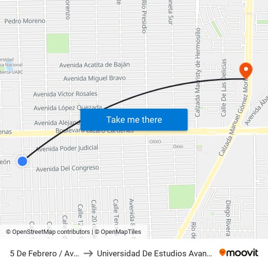 5 De Febrero / Avenida Torreón to Universidad De Estudios Avanzados Campus Oriente map