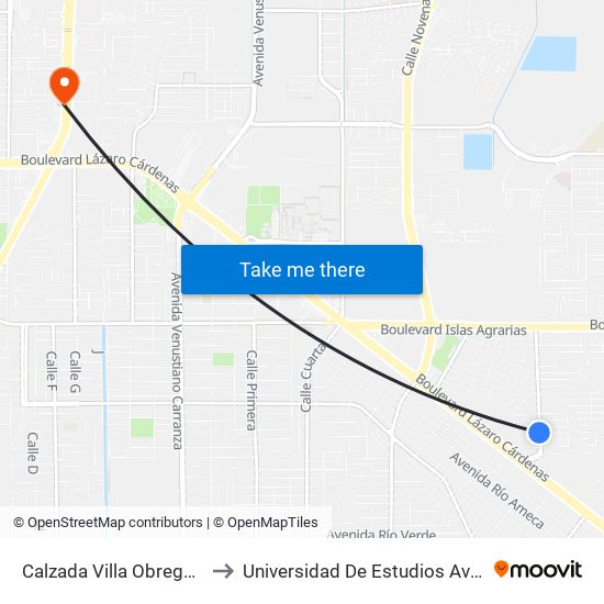 Calzada Villa Obregón / Villa Encantada to Universidad De Estudios Avanzados Campus Oriente map