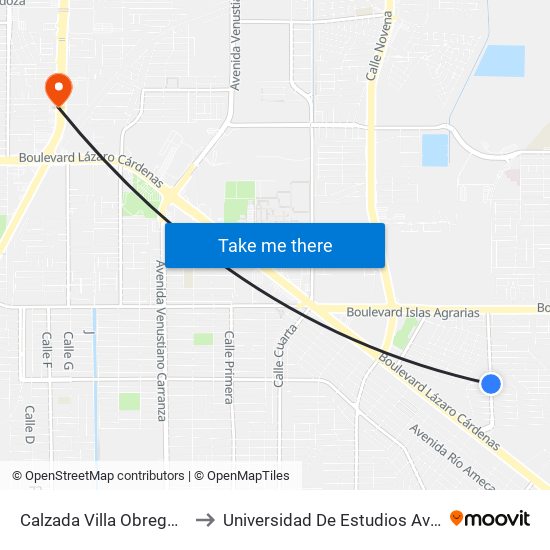 Calzada Villa Obregón / Villa Del Bosque to Universidad De Estudios Avanzados Campus Oriente map